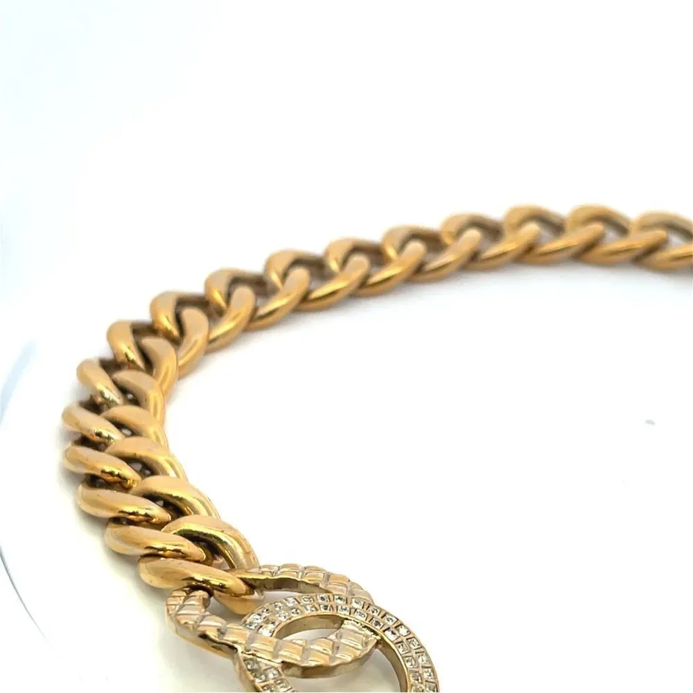 Chanel REV Gold Golden Cuban Link Chain Crystal CC Logo Choker Pendant Necklace